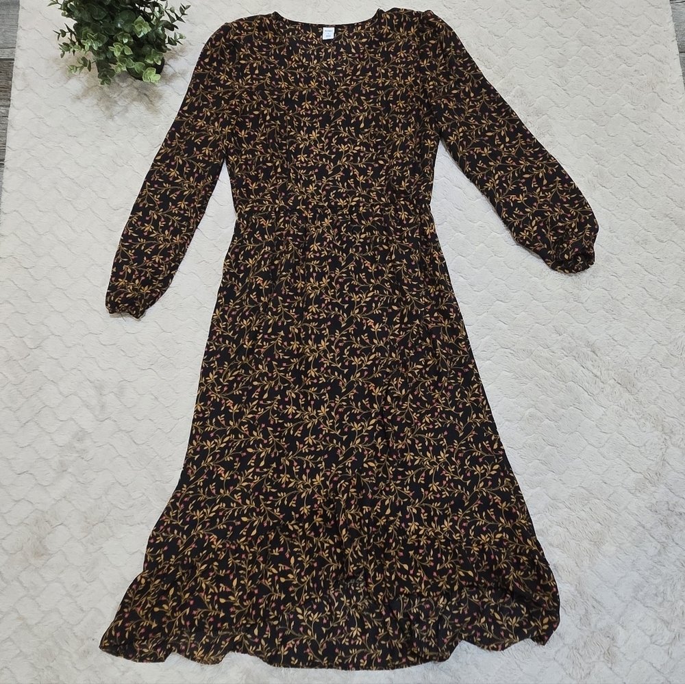 Old Navy Black, Gold, and Red Faux Wrap Ruffle Skirt Midi-Dress, Small
